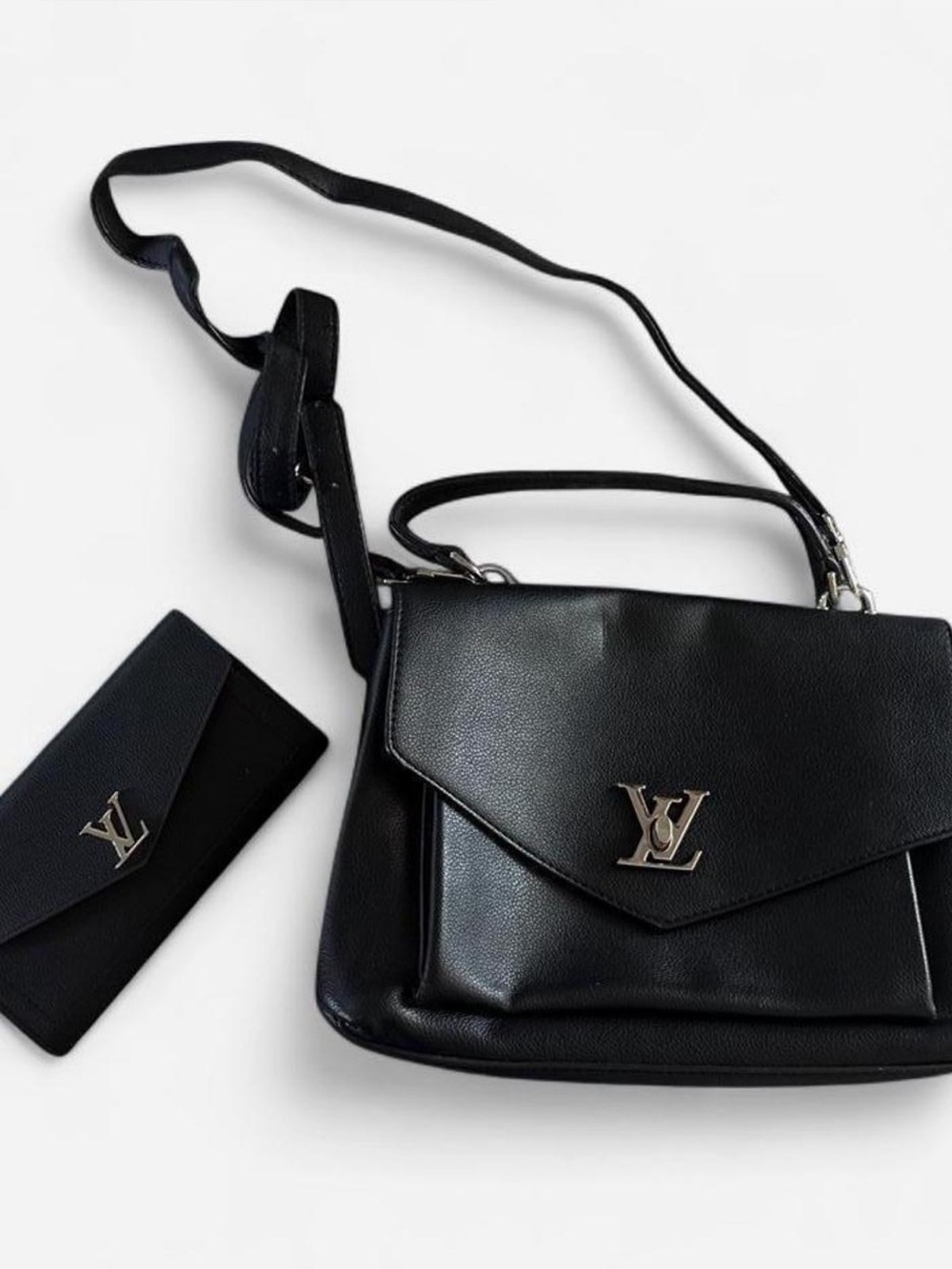 Louis Vuitton Black Leather Shoulder Bag with Wallet Set